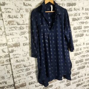Bershka Shirt Dress XL Navy Blue Textured V-Neck Polka‎ Dot 3/4:Sleeve Casual